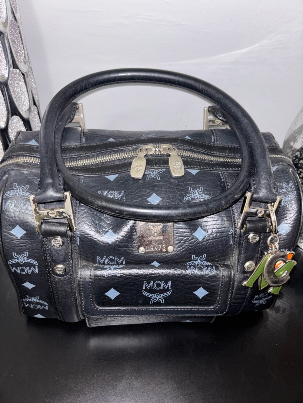 MCM Visetos Black Leather Boston Satchel Bag + COA & Charm
